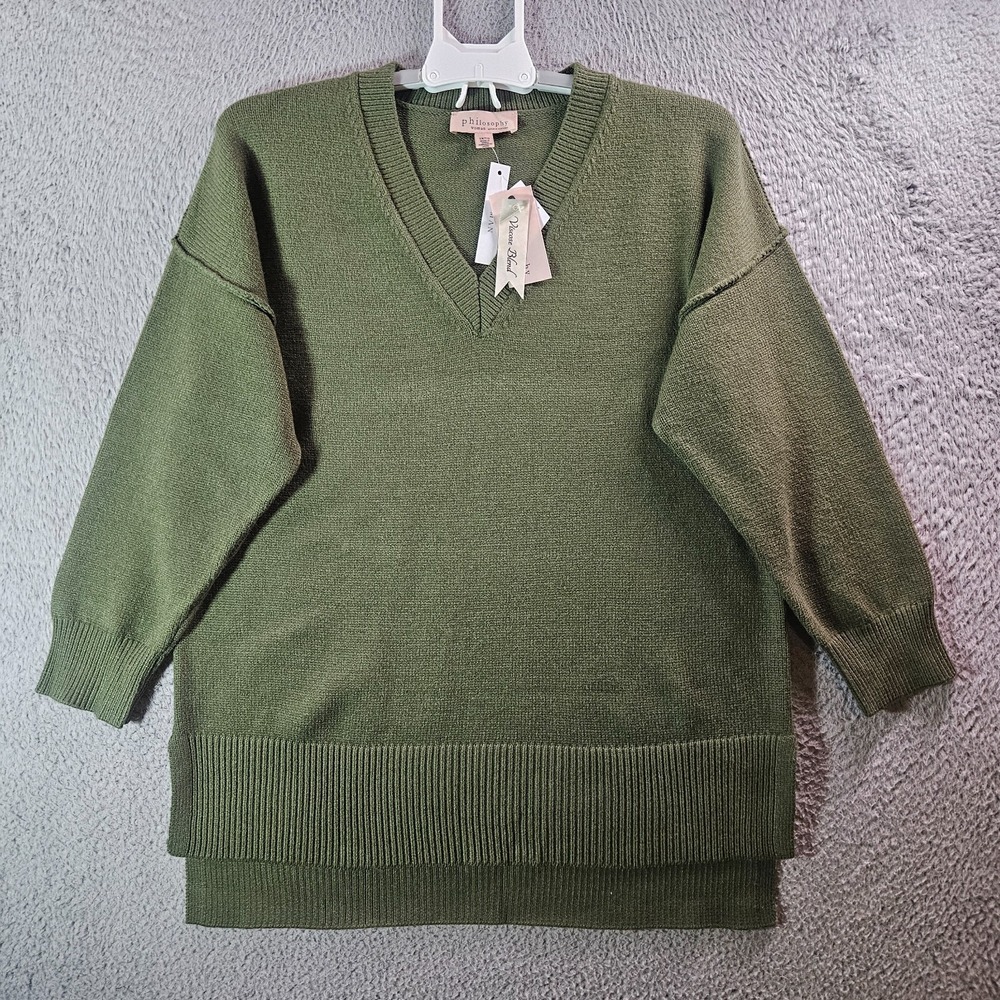 NWT Philosophy Sweater Women 1X V-Neck‎  Knit Olive Green Viscose Blend
